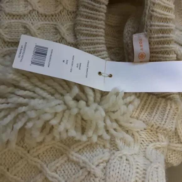 Tory Burch Cream Ivory Cable Knit Wool Fringe Pullover Sweater Women’s Size M - Picture 14 of 16